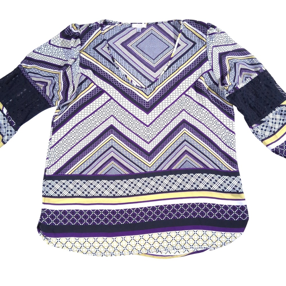Halo Women Purple Geometric Chevron V-Neck Blouse Crochet Lace Sleeve XL Casual